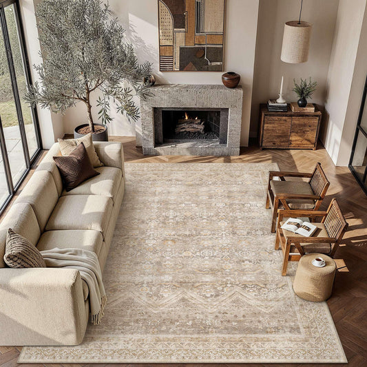 HUGEAR 8x10 Area Rugs Retro Beige Washable Rug for Living Room Large Vintage Boho Bedroom Rug No Shedding Soft Durable Low Pile Carpet Non Slip Indoor Home Decor Floor Mat