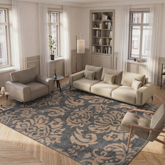 SAFAVIEH Area Rug 8x10 - Florida Shag Collection - Large - Grey & Beige, Damask Design, Non-Shedding & Easy Cleaning, Plush Thick Pile, Ideal for Living Room, Bedroom, Dining Space (SG460013)
