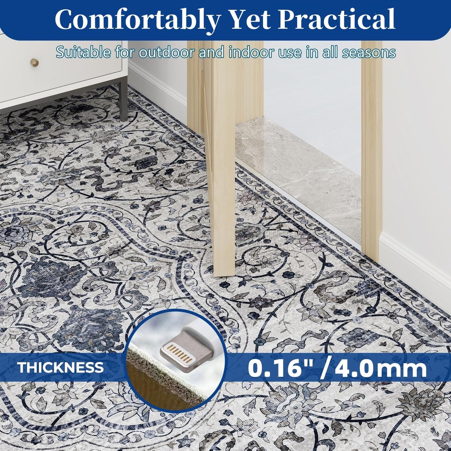 SALLOUS Floor Mat for Home, 5' x 7' Waterproof Area Rug for Living Room, Vinyl Area Rug for Bedroom, Slip Resistant Hard Floor Protector Mat for Kitchen, Bathroom, Entryway (Grayish Blue Bohemian)