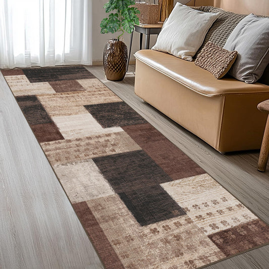 QDUIDU Modern Geometric Patchwork Indoor Runner Rug for Living Room, Chocolate 2.7'x 10' Rug Rockwood Collection Hardwood Floors Decor for Bedroom, Brown Throw Carpet for Office Entryway Dining Room