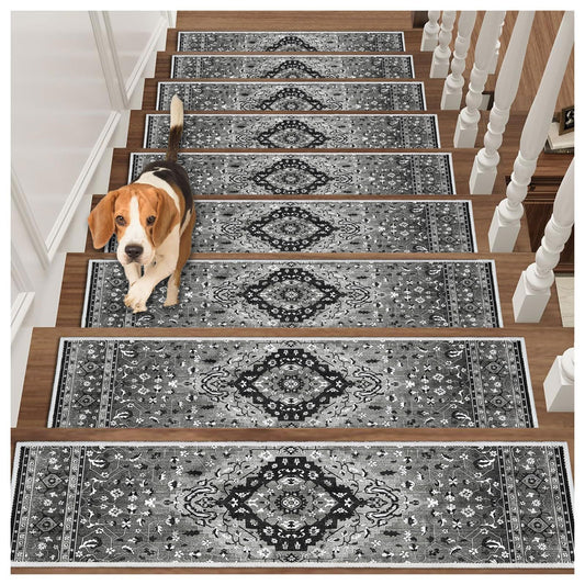 Edging Stair Treads Non-Slip Carpet Mat, 30in X 8in Indoor Stair Runners for Wooden Steps, Rubber Backing Stair Rugs for Kids Elders and Pets(Black/Grey,15PCS)