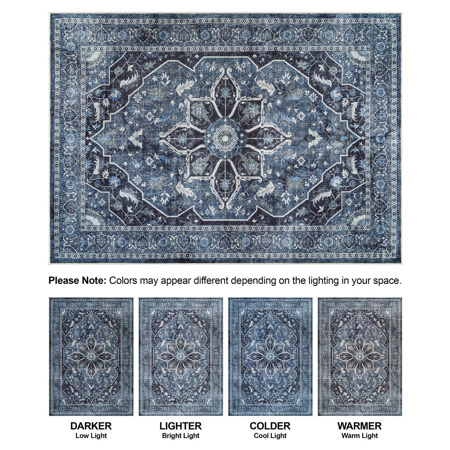 Bloom Rugs Caria Washable Non-Slip 4x6 Rug - Blue/Charcoal Traditional Area Rug for Living Room, Bedroom, Dining Room, and Kitchen - Exact Size: 4' x 6'