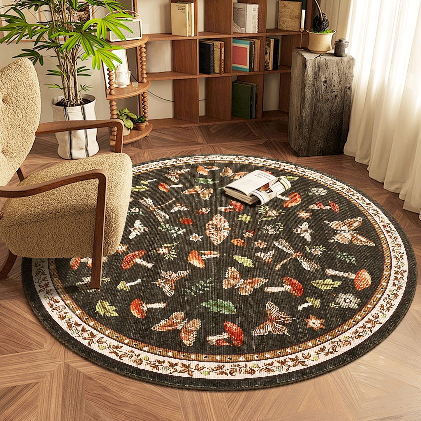 Mushroom Insect 4ft Round Rug Washable Non-Slip Soft Ultra-Thin Small Boho Circle Carpet for Entryway Kitchen Bedroom Nursery Dining Room Brown