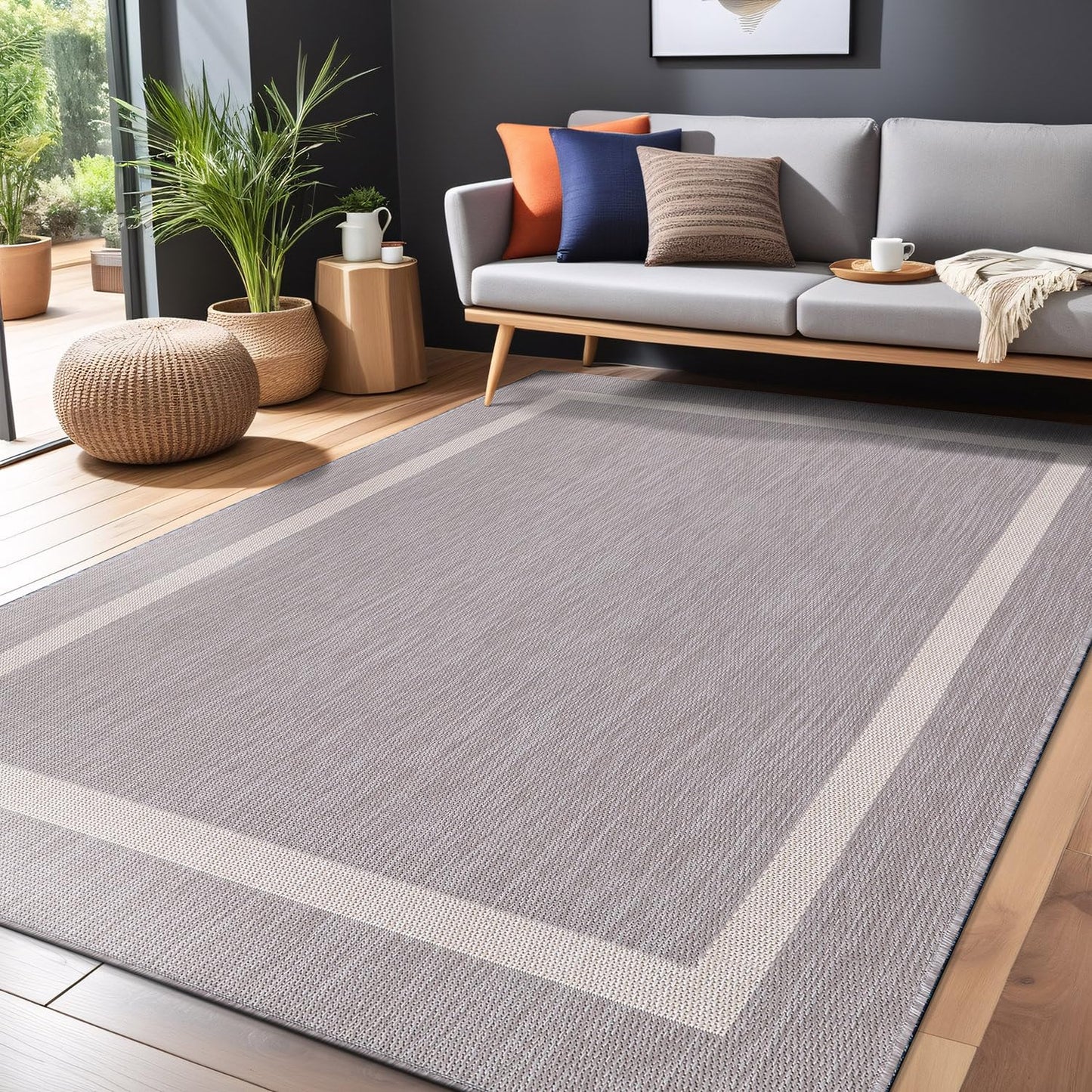 Luul Home Bordered Outdoor Rug 9x12 Washable Outside Carpet for Indoor Patio Porch Waterproof Easy Cleaning Non Shedding Area Rugs Gray 9 x 12