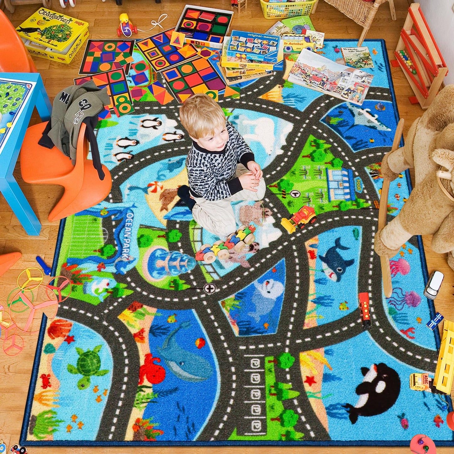 Kids Rug Playmat Carpet,6'7" x 9'10" Marine Animals Cars Rugs for Kids Toy Cars,Non Slip Aquarium Road Map Kids Carpet for Playroom Bedroom Boys,Kid Play Mat Road Carpet,Track Rug Play Carpet for Kid