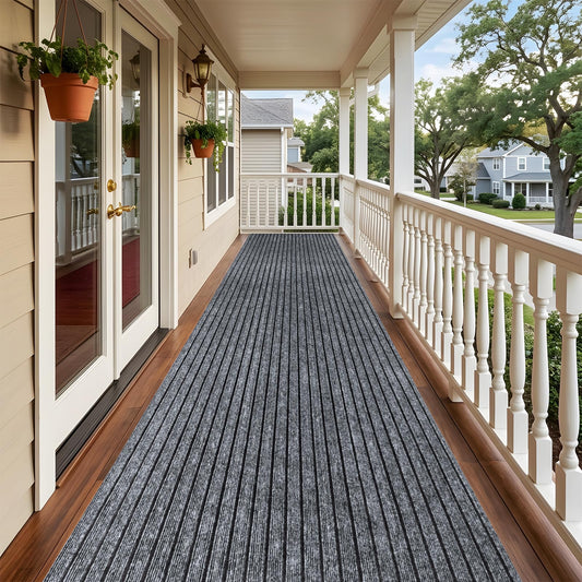 Indoor Outdoor Runner Rug 3 x 10 ft, Gray Non Slip Rubber Backed Floor Runner, Low Profile Area Carpet for Hallway, Kitchen, Entryway, Balcony, Garage, Stairs & Laundry, Stripe