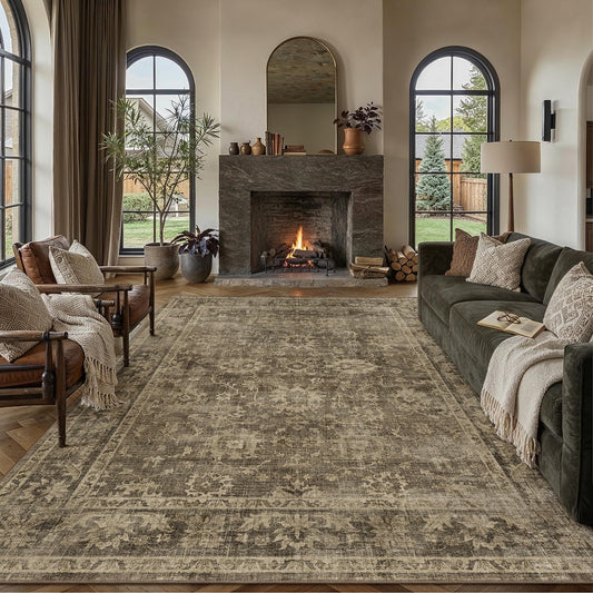 HUGEAR 8x10 Area Rug Brown Machine Washable Rug Room Decor Vintage Distressed Living Room Rugs Non Slip Low Pile Soft Carpet for Bedroom Dining Room Office Soft Lightweight
