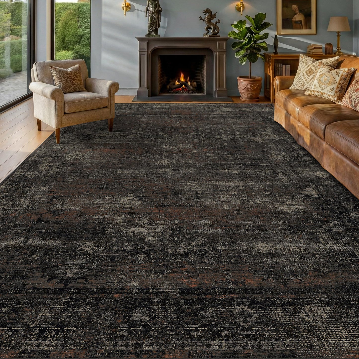 TALANOVA Black Farmhouse Washable 8x10 Area Rugs for Living Room, Dark Charcoal Volcanic Textured Large Rug for Bedroom, Non-Slip Stain Resistant for Dining Room Office Décor