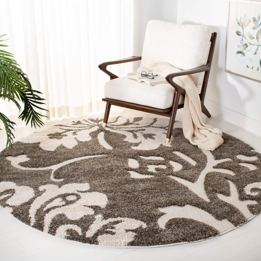SAFAVIEH Florida Shag Collection Area Rug - 4' Round, Smoke & Beige, Floral Design, Non-Shedding & Easy Care, 1.2-inch Thick Ideal for High Traffic Areas in Living Room, Bedroom (SG458-7913)