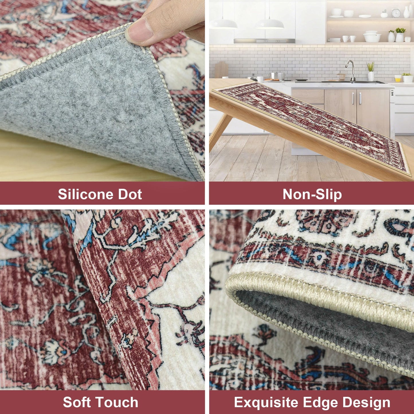 Tritard Non Slip Kitchen Rugs Sets of 3 Washable Kitchen Rug Boho Kitchen Mats for Floor Soft Kitchen Runner Rug Non Skid Kitchen Floor Carpet for Entryway Hallway Laundry Room, Brick Red