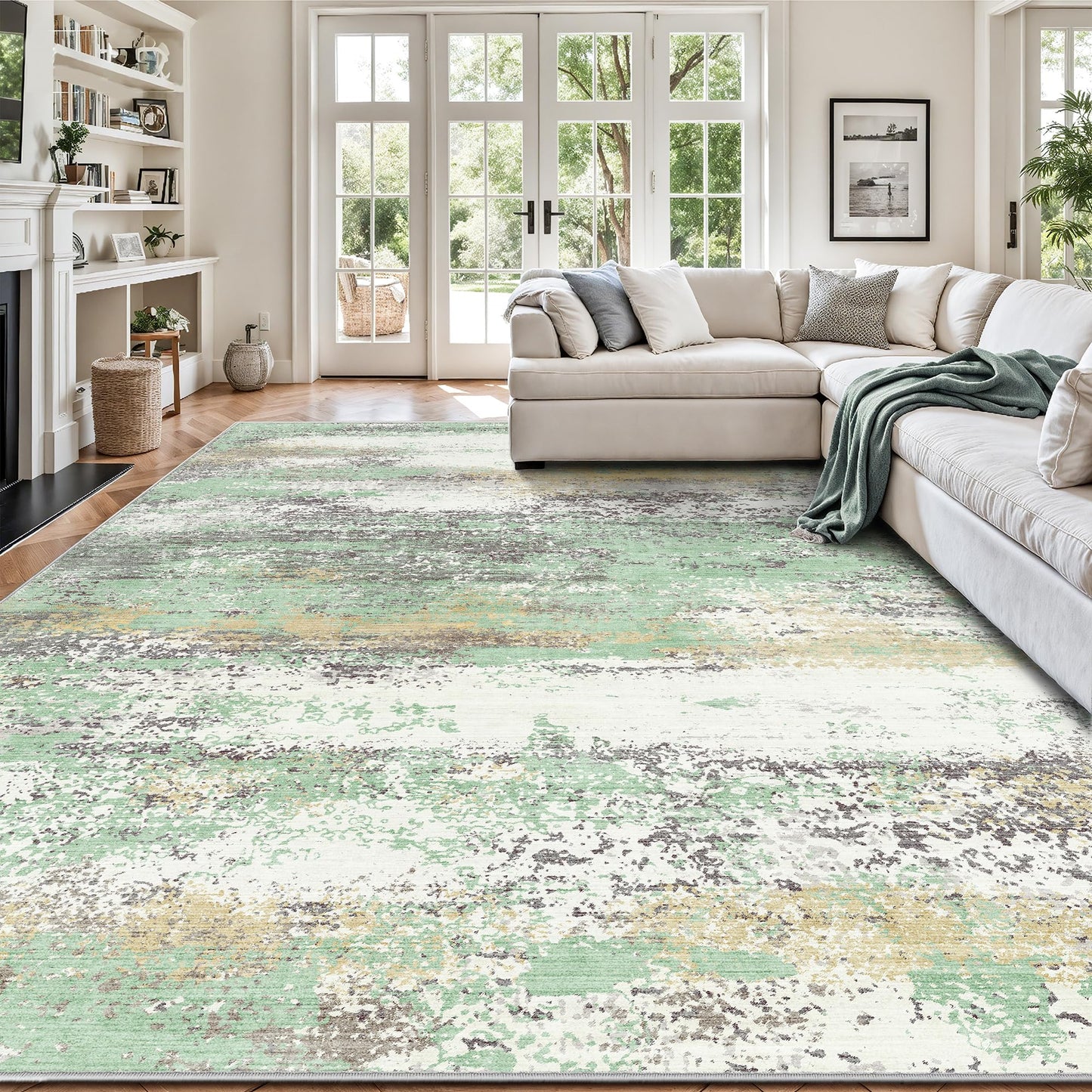 Yarooge 8x10 Area Rugs, Abstract Modern Ultra Soft Washable Rug, Non Slip Carpet with Rubber Back, Large Rugs for Living Room, Bedroom, Dining Room Decor(Light Green/Cream)