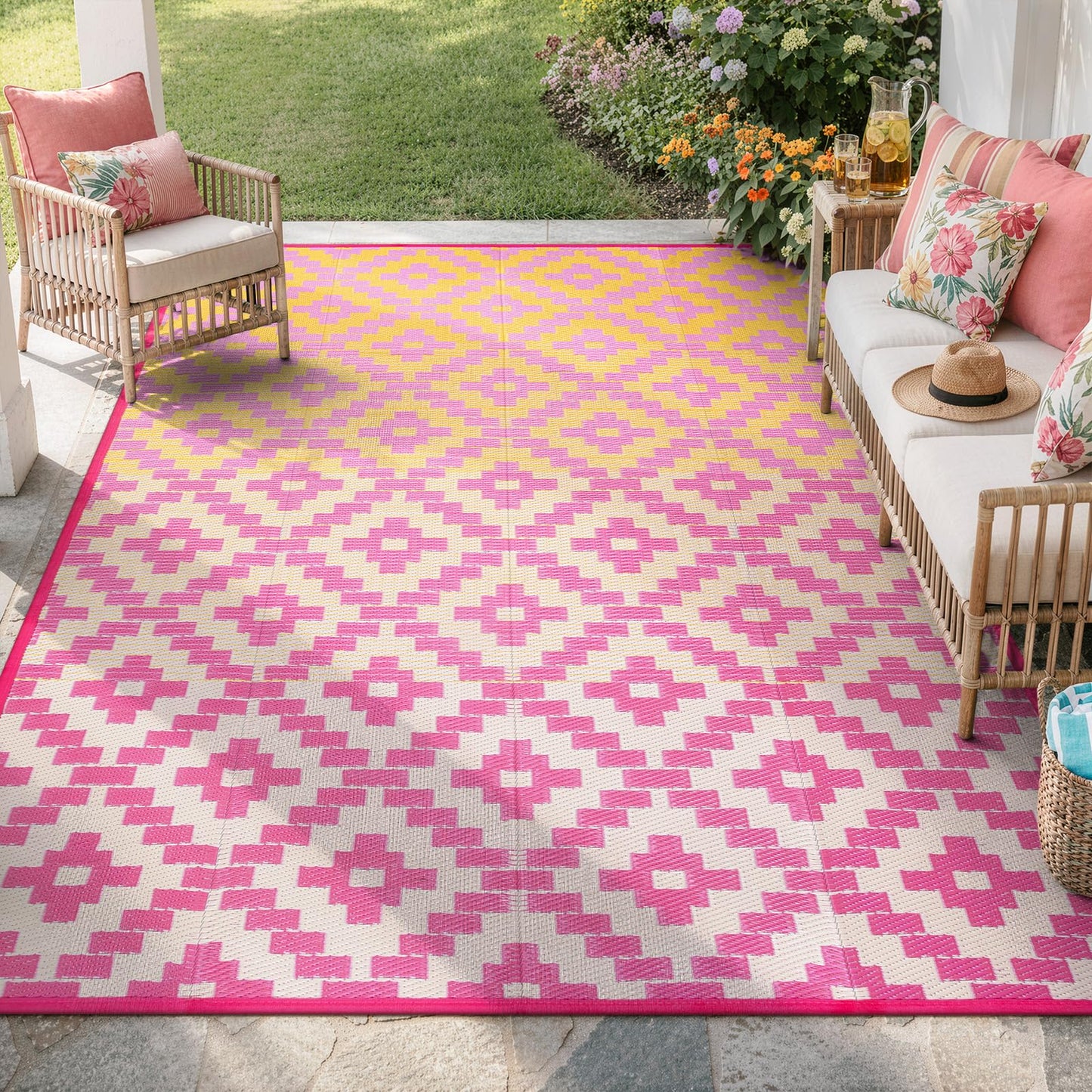 Wonnitar Outdoor Rugs 8x10 Waterproof Plastic Straw Rug, Large Outdoor Camping Rug for RV, Reversible Portable Outside Lightweight Area Rug for Backyard Balcony Beach Picnic, Orange/Pink