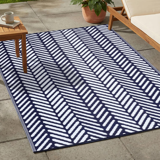 FH Home Outdoor Rug - Waterproof, Fade Resistant, Reversible - Premium Recycled Plastic - Herringbone - Patio, Deck, Porch, Balcony, Laundry Room - Fresno - Navy Crease Free - 4 x 6 ft