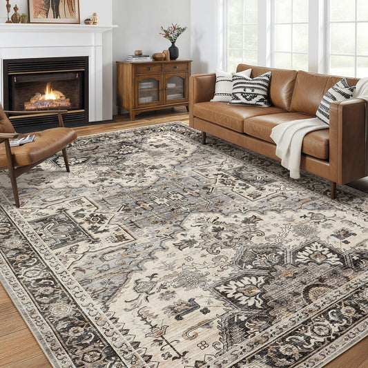 homewill Area Rug for Living Room - 9x12 Soft Machine Washable Oriental Vintage Floral Distressed Large Indoor Floor Carpet for Bedroom Under Dining Table Home Office Decor - Brown