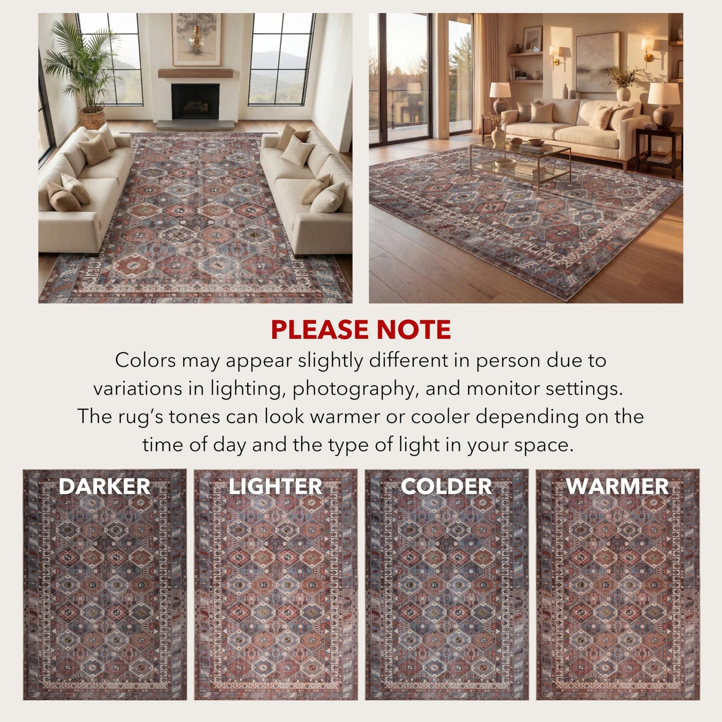 Kuden 6x9 Area Rug, Machine Washable Area Rug with Non-Slip Backing, Vintage Style, Soft, Easy Clean, Low Pile Rug for Living Room, Bedroom, Dining Room