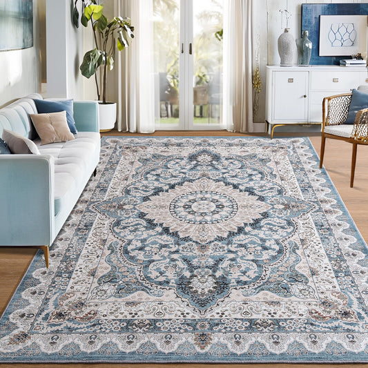 Foxmas 6x9 Area Rugs for Living Room, Machine Washable Vintage Rug, Non-Slip Low Pile Throw Rugs with Rubber Backing Washable Carpet for Bedroom Dining Room Kitchen Home Decor, Blue