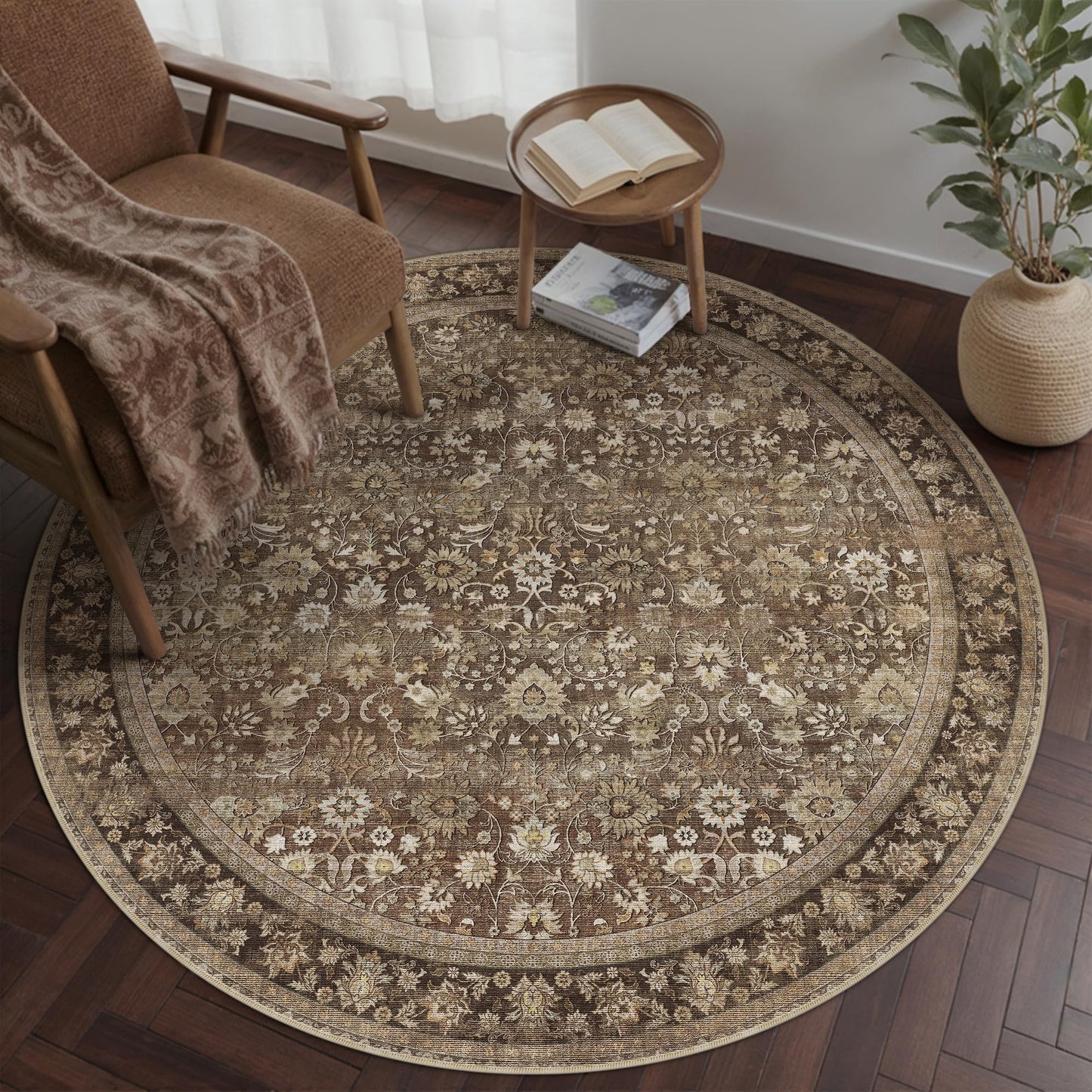 HUGEAR Round Rug 5ft Entryway Rugs Machine Washable Brown Hallway Area Rug 5x5 Small Circle Accent Rug Floral Low Pile Carpet Soft Throw Rug Living Room Office Laundry Room Entrance Non Slip