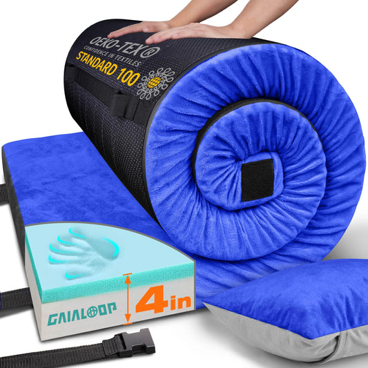 GAIALOOP 4 INCH Thick Memory Foam Camping Pad Futon Mattress, Portable Floor Sleeping Mat Sleepover Guest Bed Roll Up Mattress for Outdoor Extra Supportive for Side Sleepers [Single:75 * 30 * 4"]