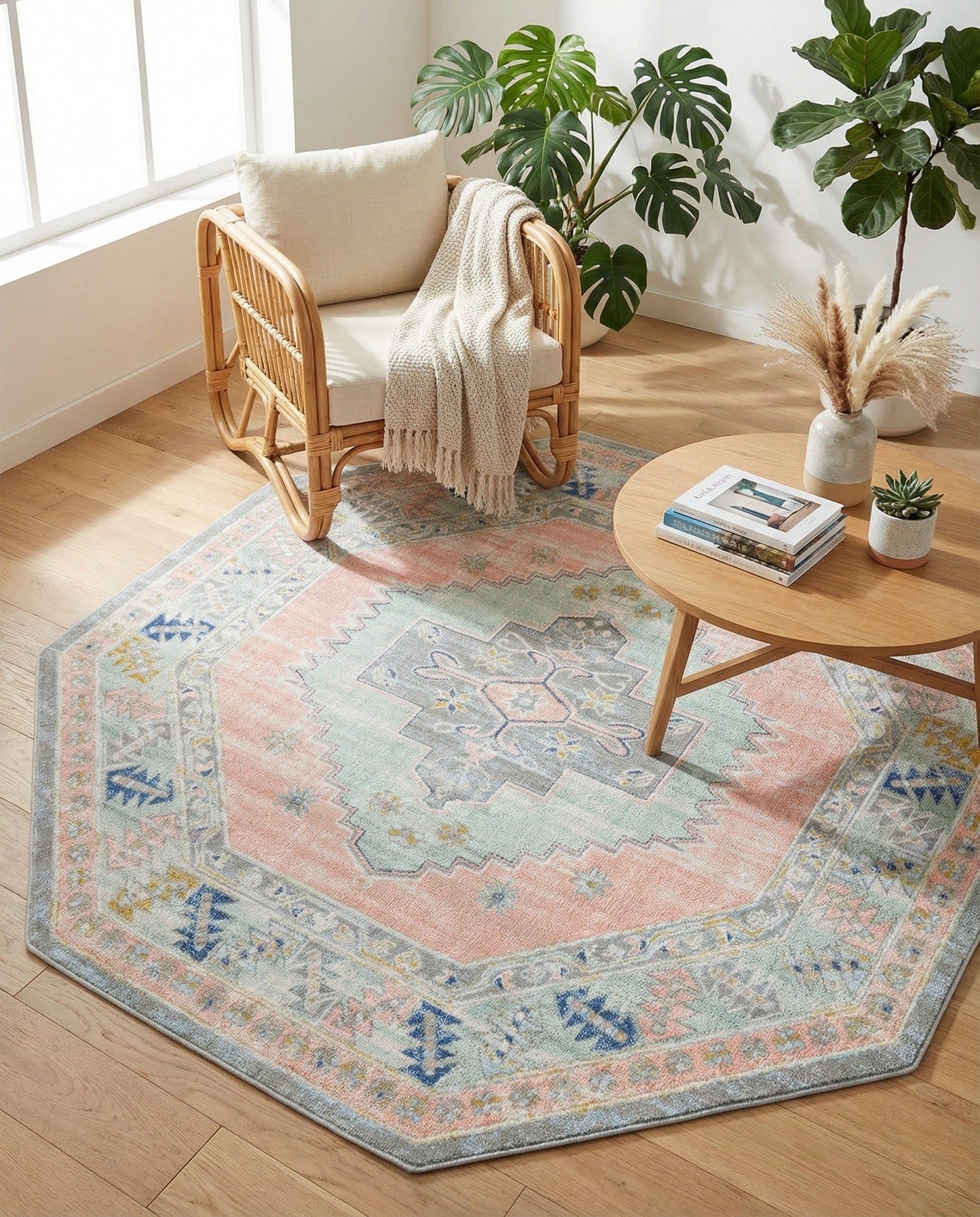 Rugs.com - Whitney Collection Rug – 8 Ft Octagon Pink Easy-Clean Flatweave Rug Vintage Medallion Design for Living Rooms, Dining Rooms, and Entryways