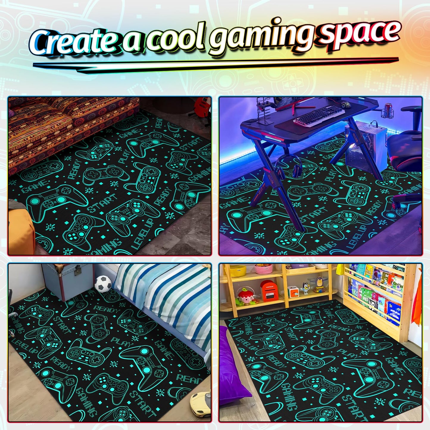 Auetwyona 4x6 Gaming Rug for Boys Room - 3D Printed Games Theme Fluorescent Green Gamer Area Rug for Livingroom Teen Boy Gamer Room Rug Decor Video Game Area Carpet for Bedroom,Game Room