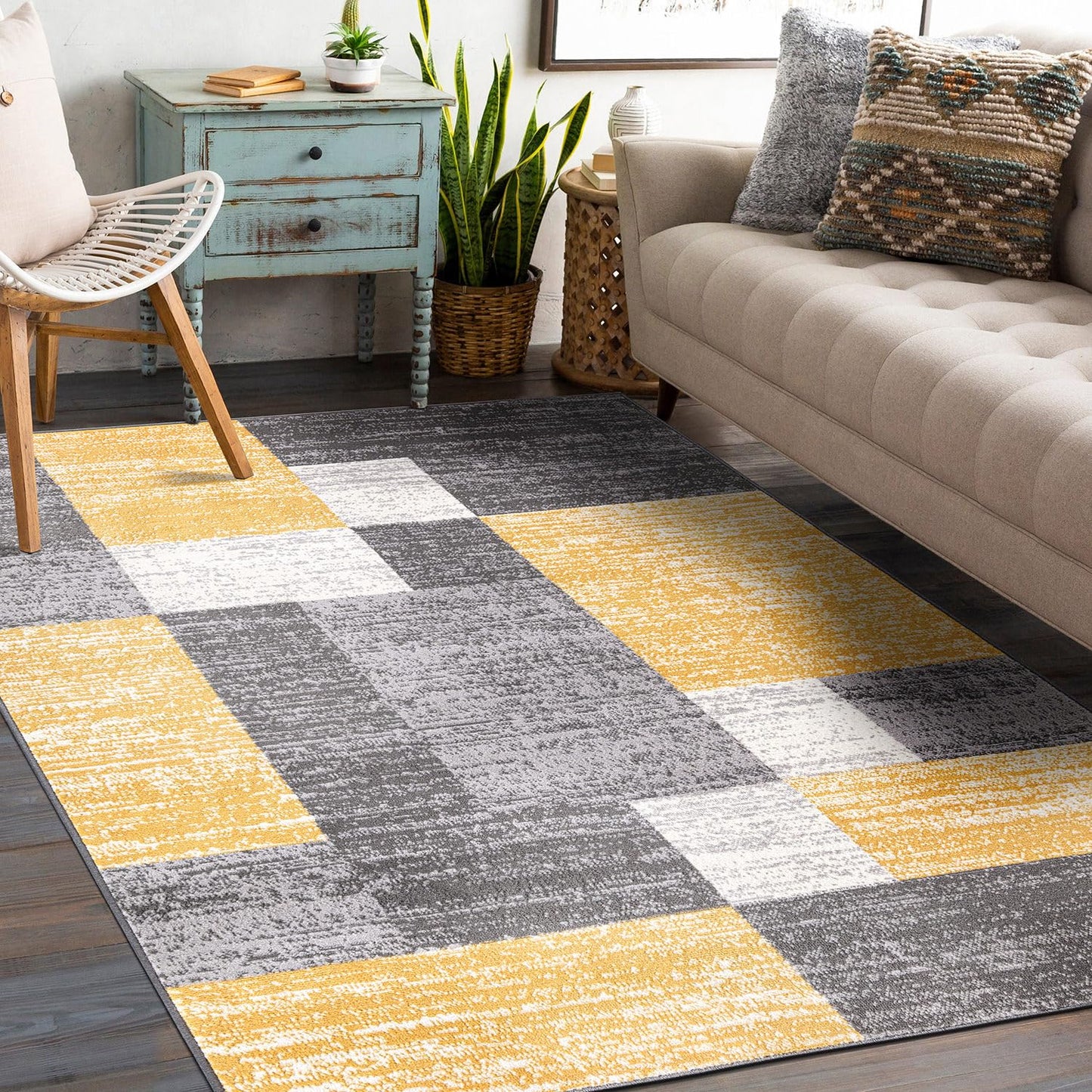 Rugshop Oslo Modern Yellow Area Rug, Geometric Boxes Design, Carpet with Jute Backing for Living Room or Bedroom, 7'10" x 10'