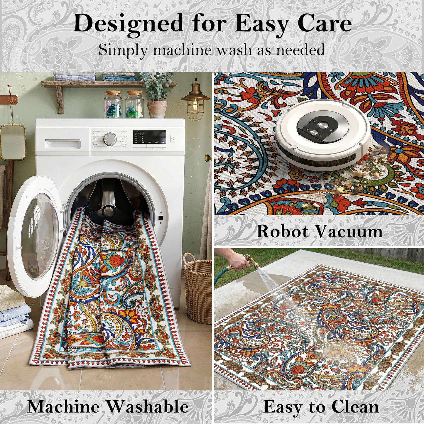 Arenarug Paisley Outdoor Rug Waterproof 5x8, UV Resistant Non Slip Patio Rug, Indoor Outdoor Boho Camping Rug Linen-Look RV Carpet for Deck Balcony Backyard, White Multi