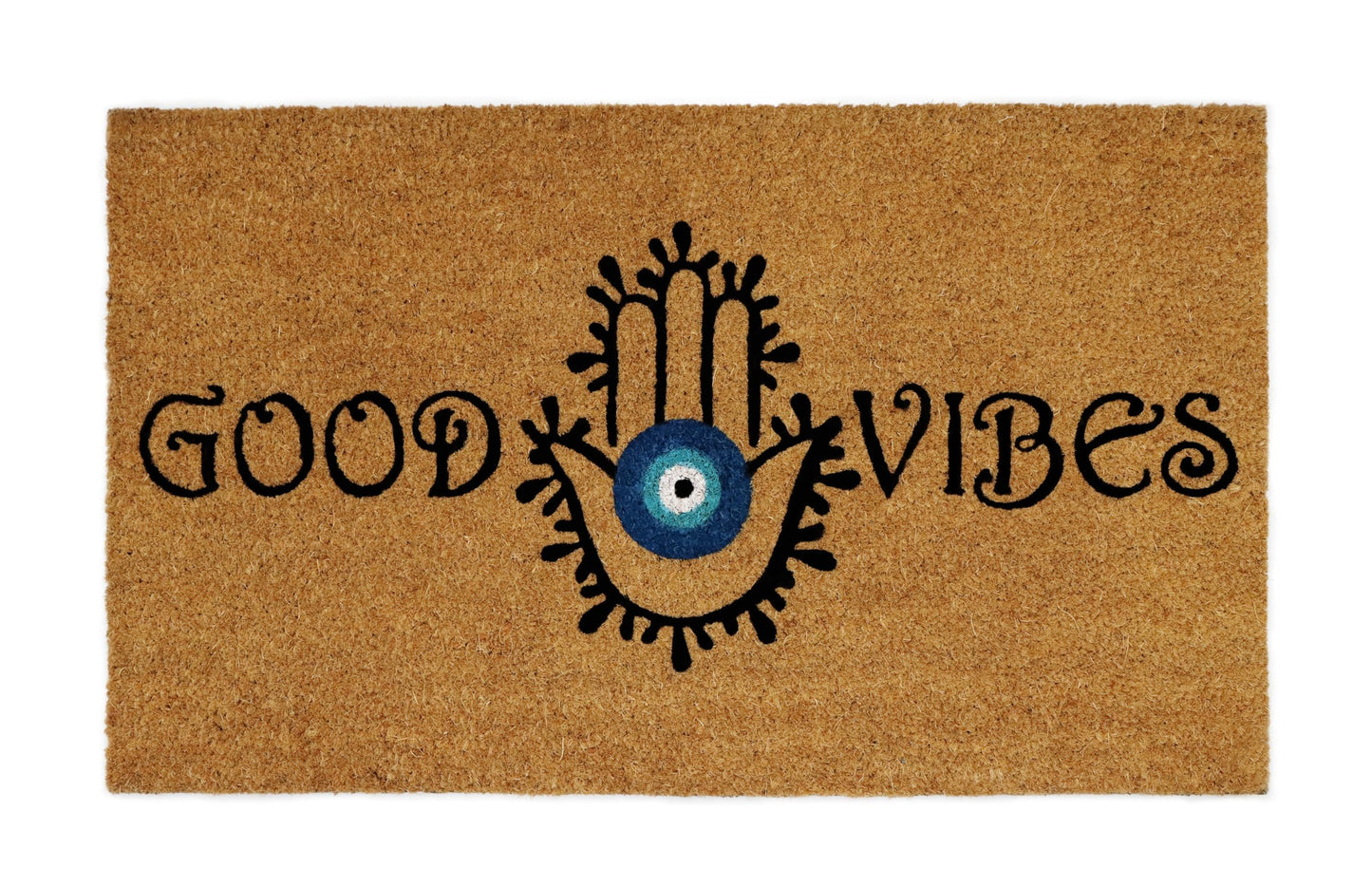 Croft&Cane Welcome Doormat – Non Slip Coco Coir Door Mat - Good Vibes Evil Eye Dirt Trapping Entryway Mat - Low Profile Indoor Outdoor Front Door Mat for Patio, Porch & High Traffic Areas - 17 x 30