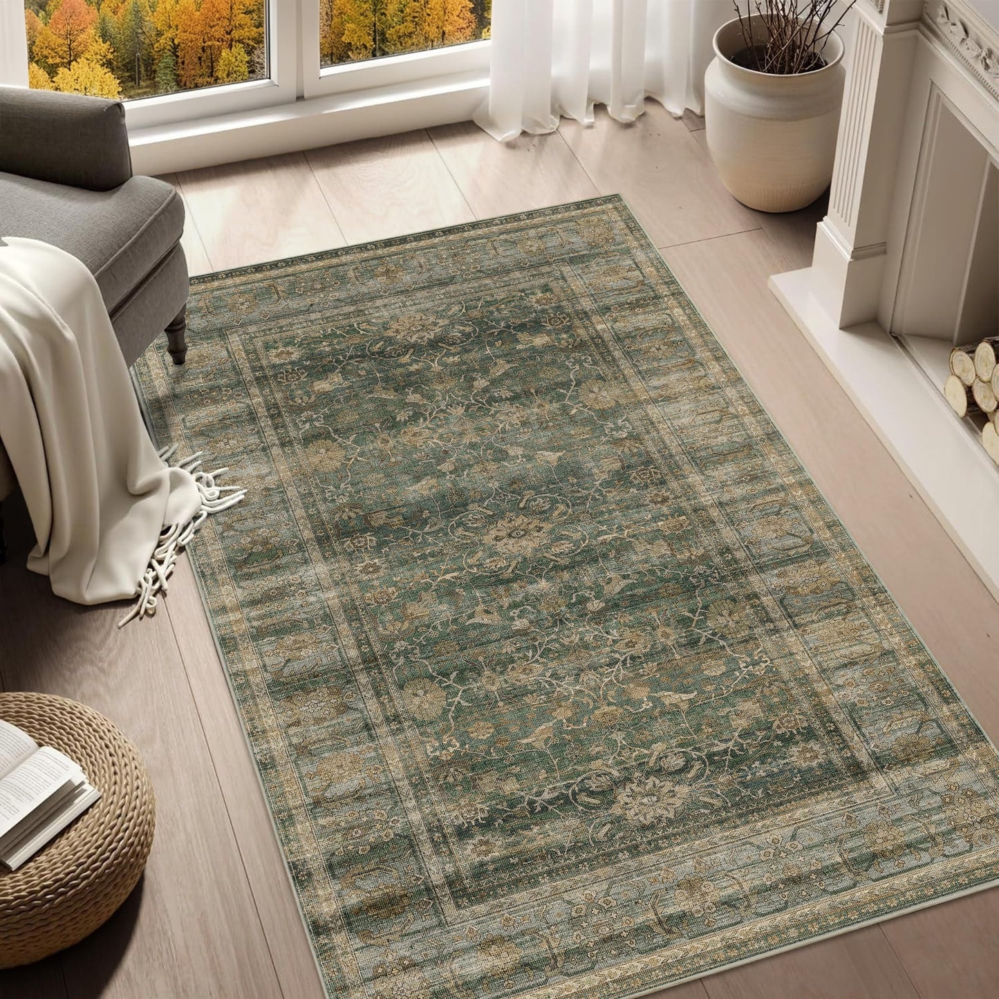 HelloTree Vintage Area Rug 3x5 Green Entryway Office Washable Carpet Non Slip Backing Printed Distressed Rugs for Bedroom Vintage Boho Tribal Area Rugs for Bathroom Bedroom Dining Living Room-Green