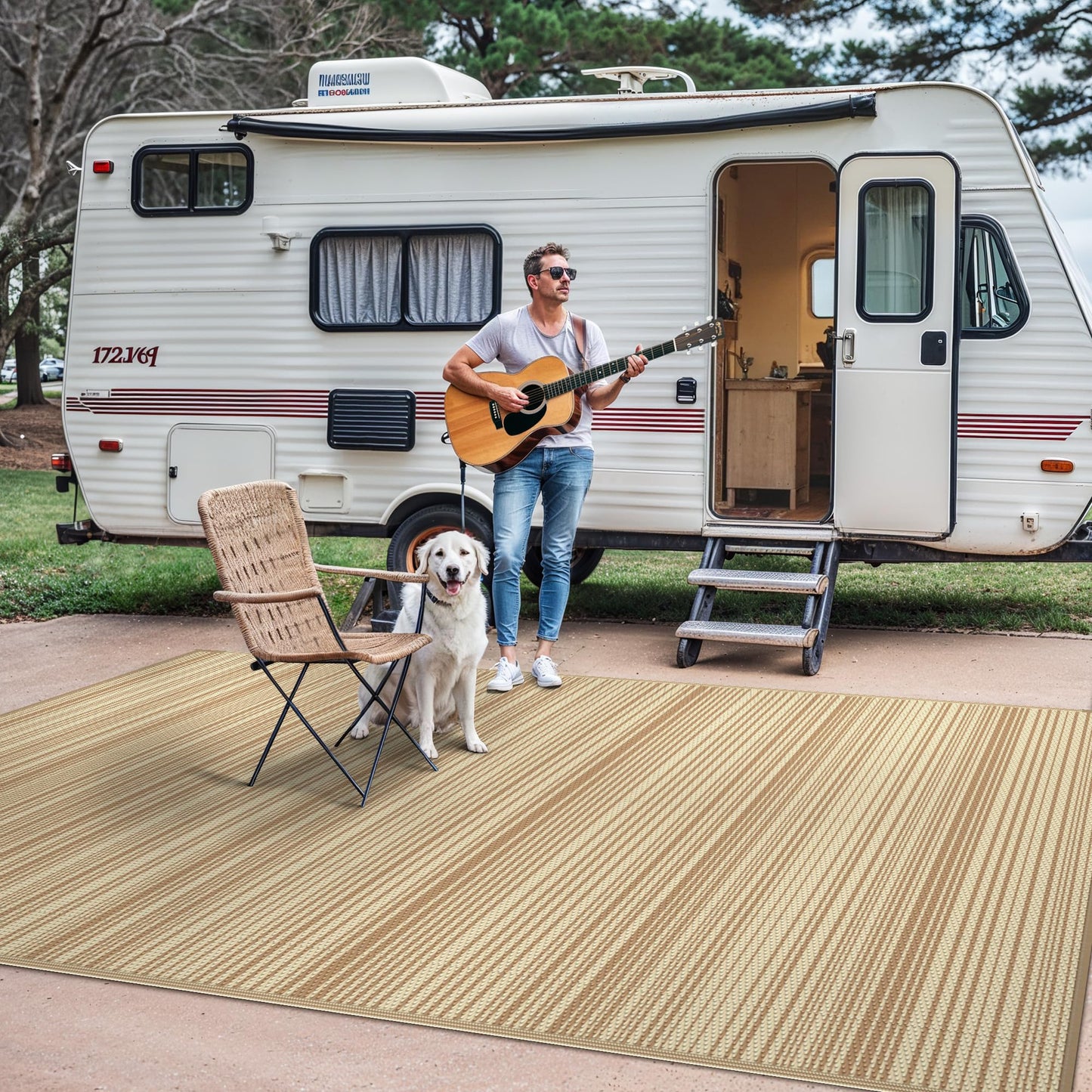 GENIMO Outdoor Rug for Patio Clearance, 5'x8' Reversible Plastic Straw Rugs, Lightweight Waterproof RV Camping Mat for Camper, Balcony, Deck, Backyard, Picnic, CoffeeBeige