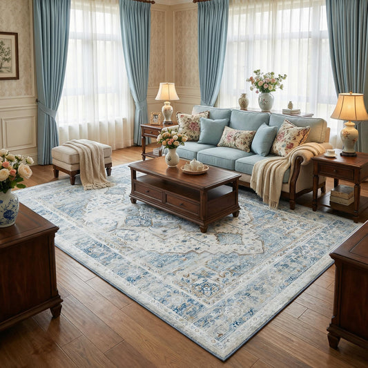 5x7 Washable Vintage Area Rug - Distressed Living Room Rug Non-Slip Soft Indoor Carpet Stain Resistant Floor Rug for Bedroom Playroom Dining Room Office, Blue