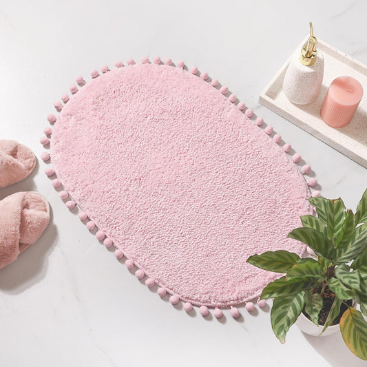 YIRDDEO Bath Mat Pink Rug with Pom Oval Bathroom Rugs for Bedroom Non Slip Cute Boho Absorbent Mats Soft Plush Washable Rug (20 x 30 inches)