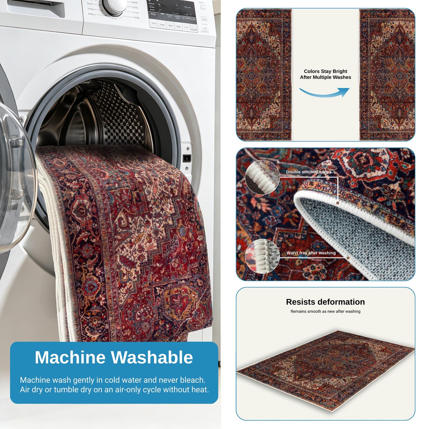 PESSEN Red 2x6 Washable Runner Rug for Hallway Kitchen Bedroom Laundry Bathroom, Non Slip Low Pile Stain Resistant Soft Faux Wool, Pet & Kids Friendly
