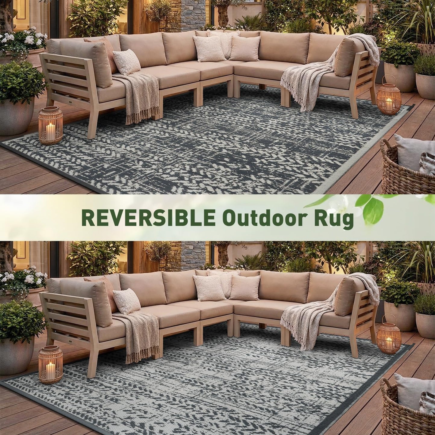 MontVoo Outdoor Rug Waterproof-Patio Rug Mat 5x8 Outdoor RV Camping Picnic Beach Mat Plastic Straw Rugs Outside Outdoor Area Rugs for Balcony Deck Backyard Grey