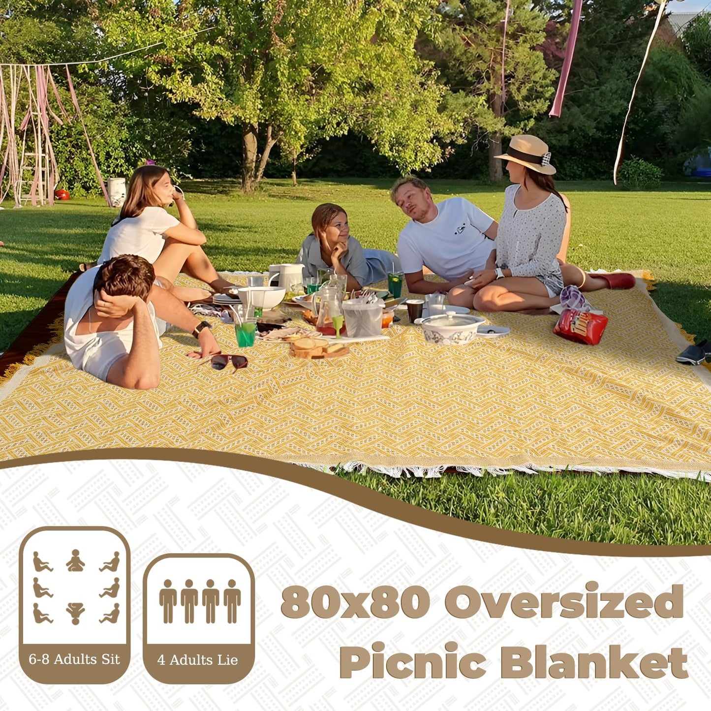 Genovega 2 in 1 Extra Large 80"* 80" Rug Picnic Blankets Waterproof Outdoor Beach Blanket Foldable Camping Mat Supplies Europe Travel Accessories Hawaii Necessities Hiking Items Yellow