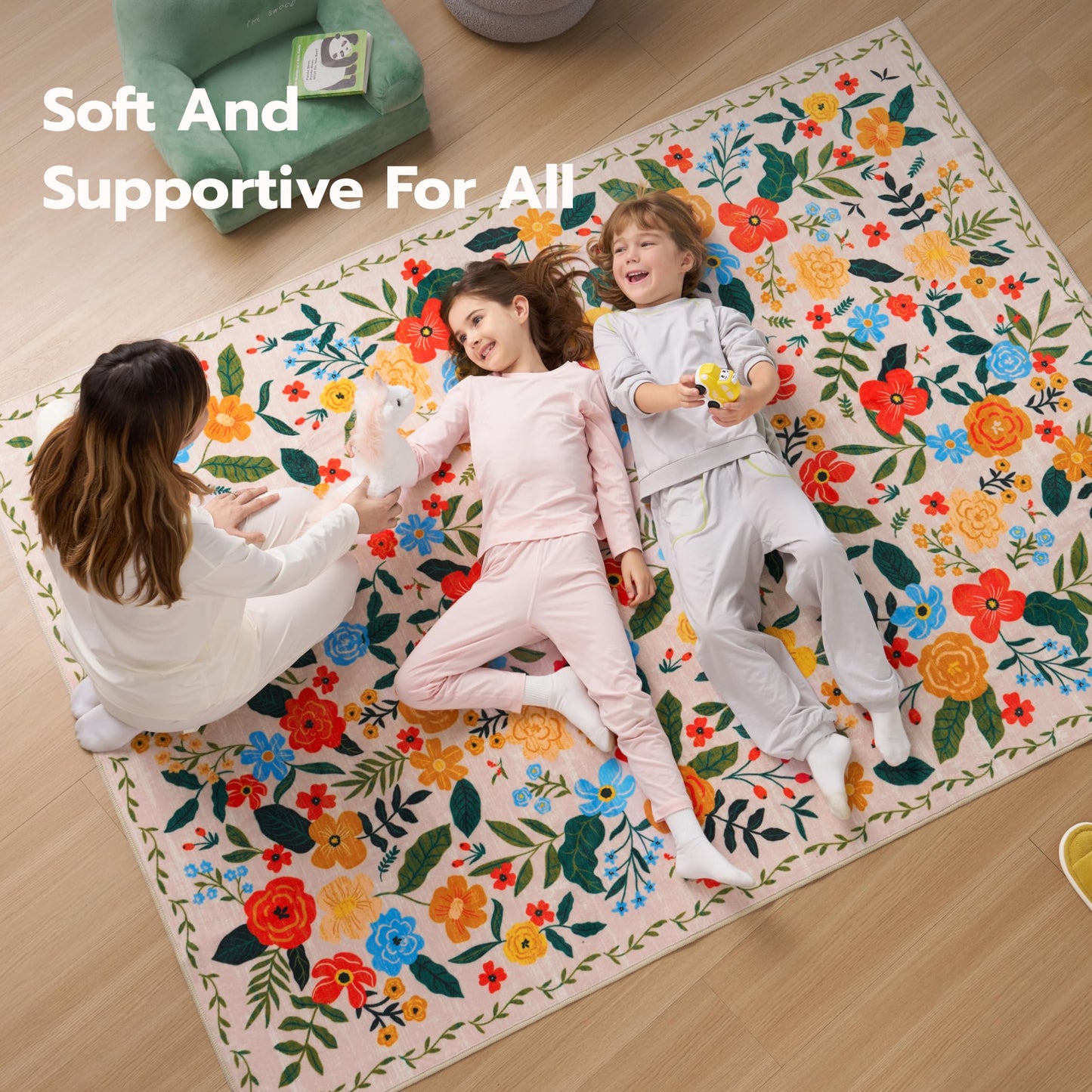 Joiedomi 5'x7' Area Rugs for Living Room Non-Slip Washable Rug with Rubber Backing Large Soft Boho Floral Carpet for Bedroom Kids Nursery Dining Room (Beige)