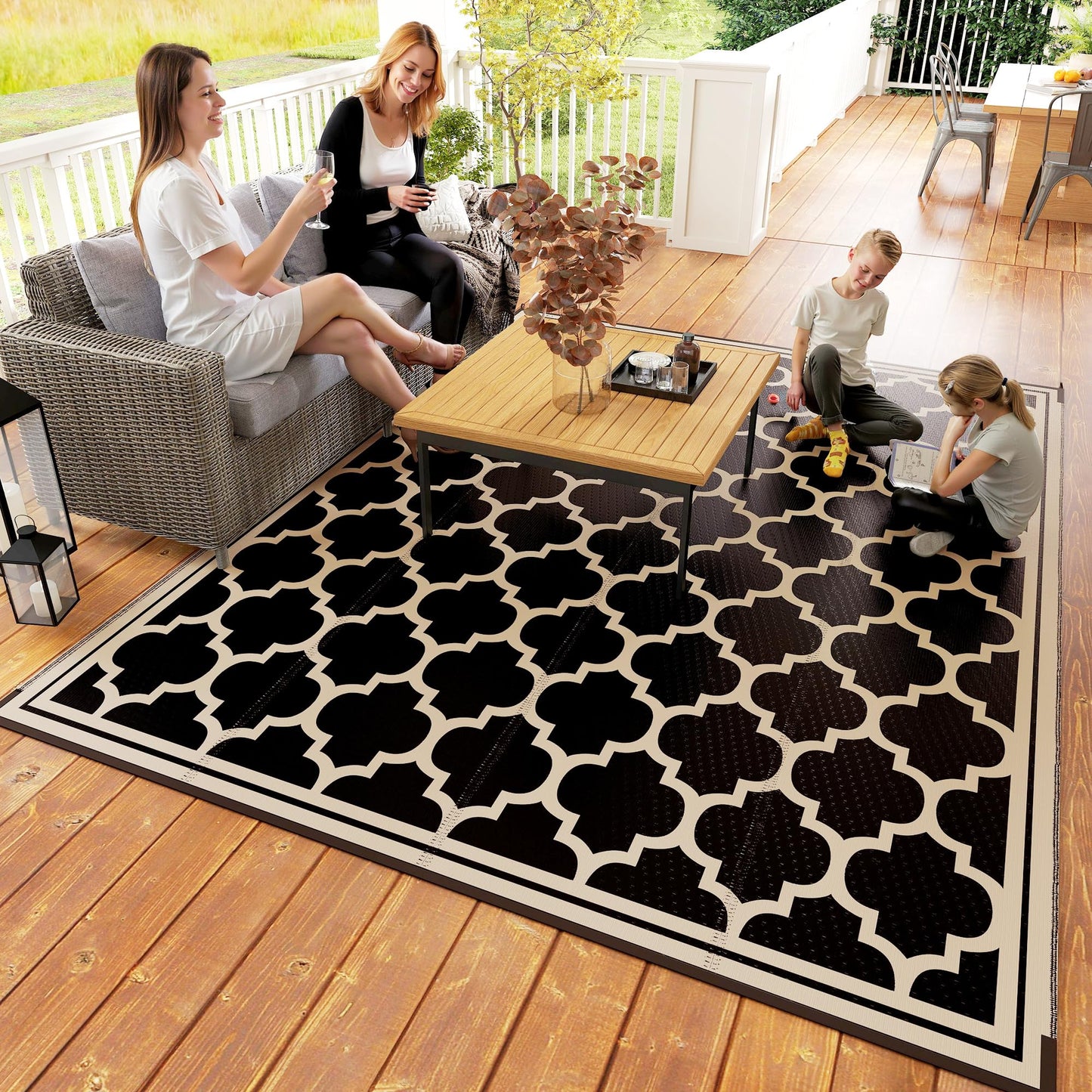 Outsunny Reversible Outdoor Rug, 9' x 12' Waterproof Plastic Straw Floor Mat, Portable RV Camping Carpet, Large Floor Mat for Backyard, Deck, Picnic, Beach, Black & Beige
