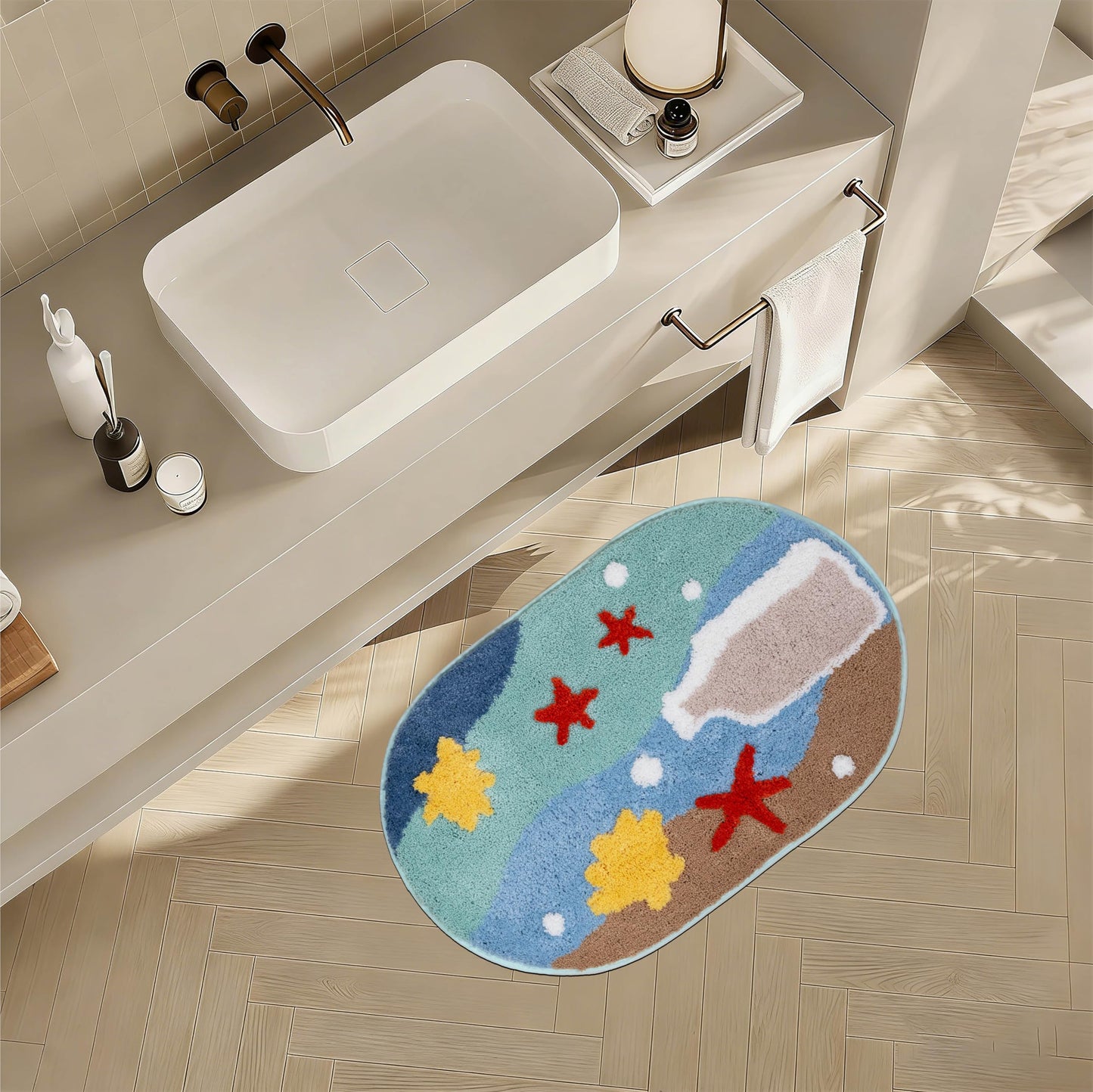 ORTIGIA Coastal Beach Bathroom Rugs Non Slip Washable, 20x32 Oval Soft Microfiber Sea Bath Mat, Quick Dry Absorbent Shower Rug for Bathroom Floor Tub Shower Sink
