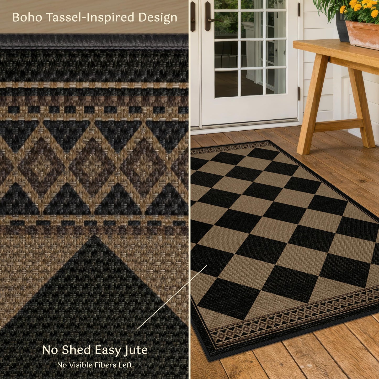 Black & Brown Checkered Easy Jute Outdoor Rug 4x6 for Porch Patio, Washable Non-Slip Diamond Checkerboard Entryway Office and Backyard Boho Border Rug, Farmhouse Low Pile Indoor Carpet for Living Room