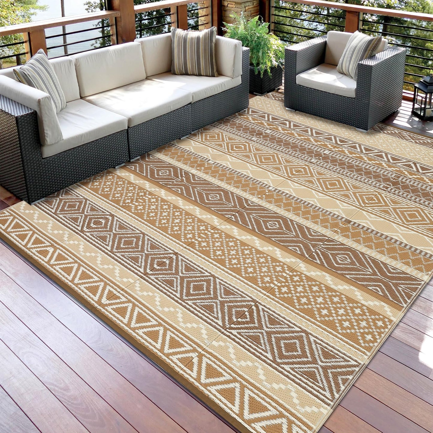 Garvee Outdoor Rug 9x18 Waterproo Large Outdoor Camping Rug Reversible Rv Patio Mats Black Gray Outdoor Plastic Straw Outdoor Rugs Clean Easily Large Patio Mat for RV, Deck, Camping,Brown/Tan