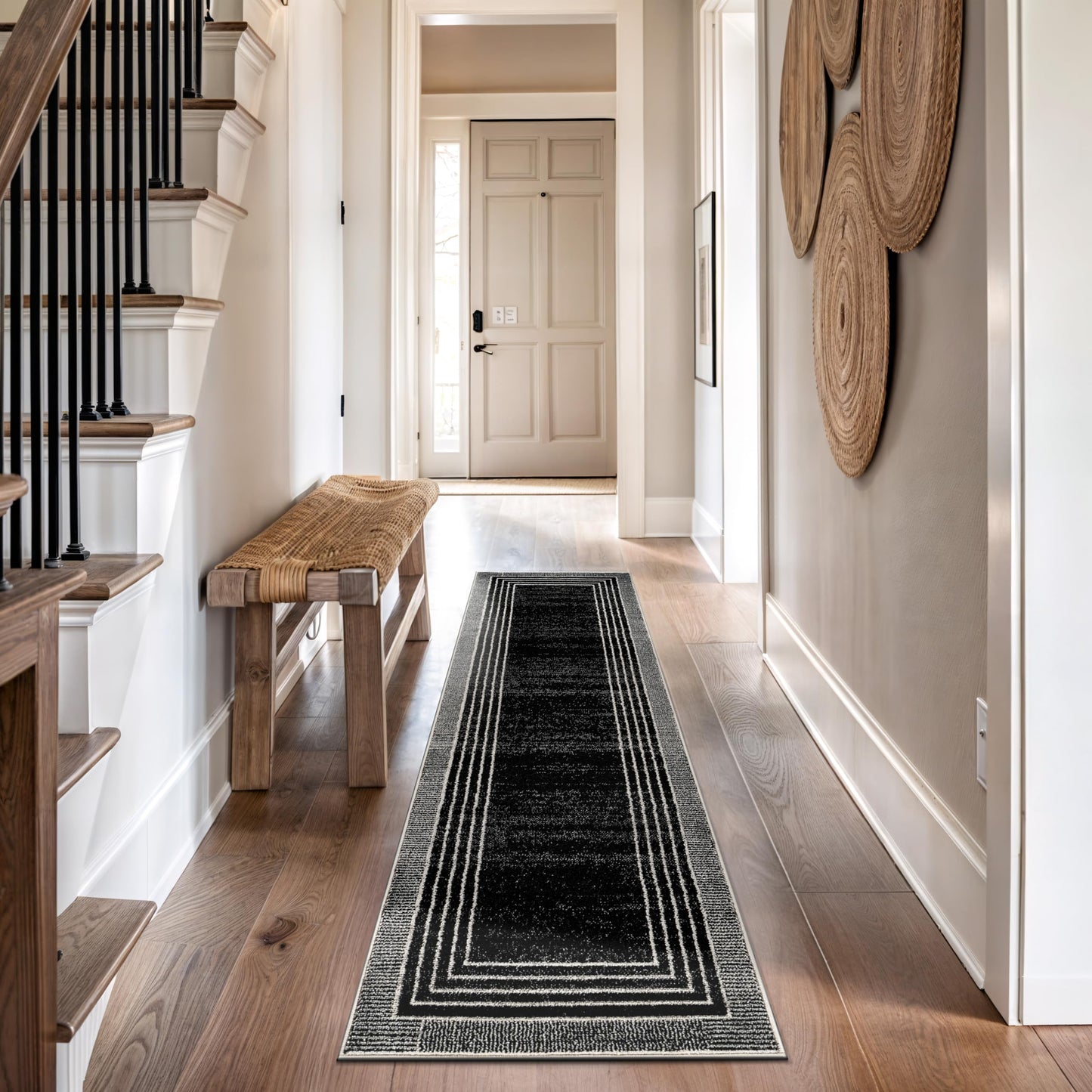 Rugshop Contemporary Geometric Bordered Runner Rug for Hallway,Entryway,Kitchen Rug Low Pile Rug with Jute Backing 2' 3" x 12' Black