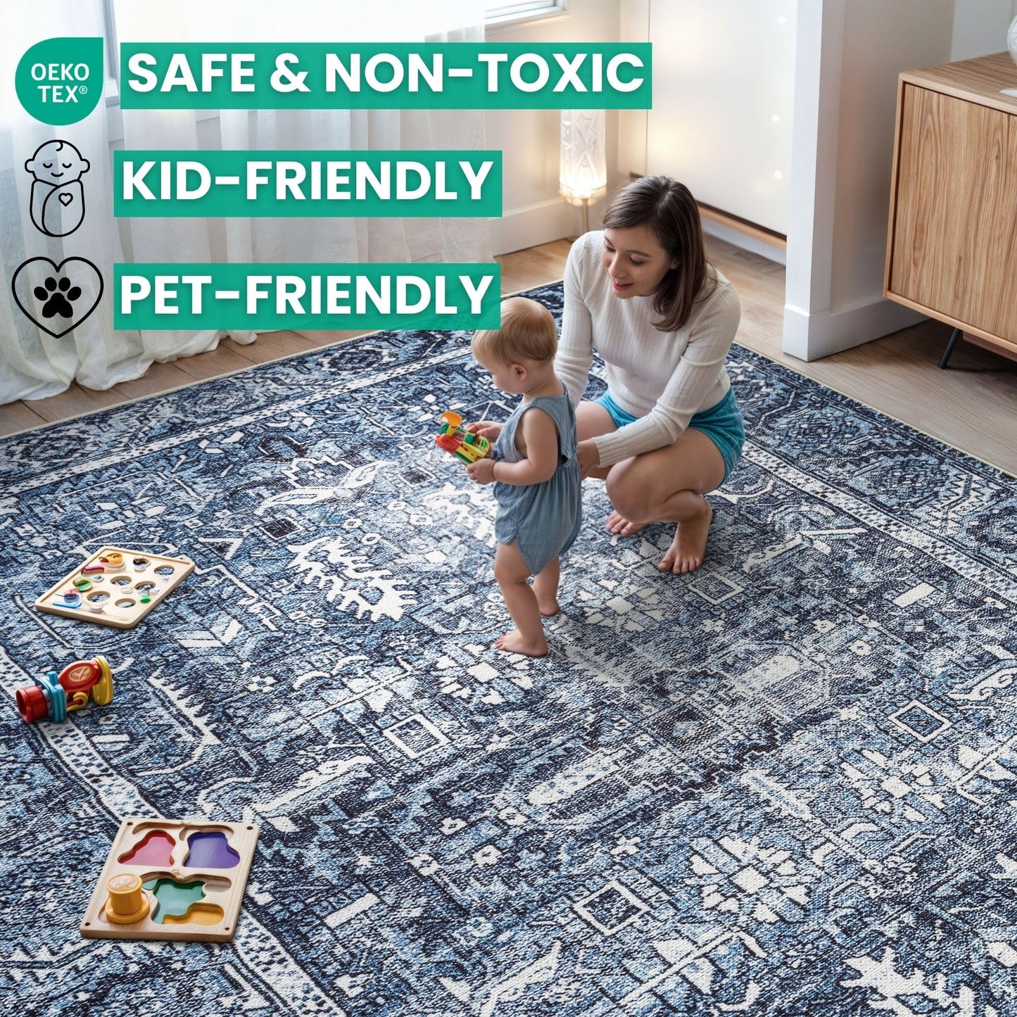 Bloom Rugs Washable Non-Slip 4' x 6' Rug - Blue Traditional Area Rug for Living Room, Bedroom, Dining Room, and Kitchen - Exact Size: 4' x 6'