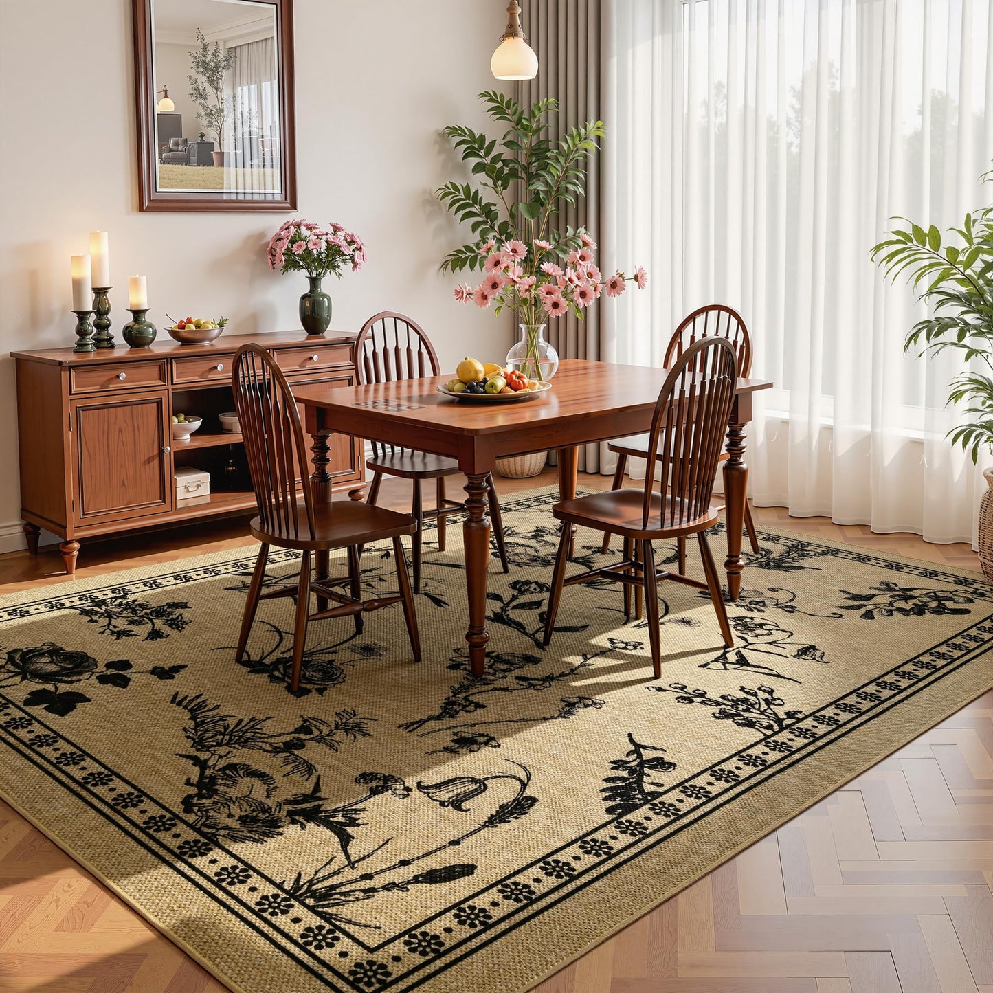 FALARK Easy Jute 4x6 Outdoor Patio Rug, Washable Rugs for Entryway Indoor Living Room Carpet, Farmhouse Neutral Non Slip Thin Beige Botanical Sketch Door Carpet for Backyard Bedroom Kitchen