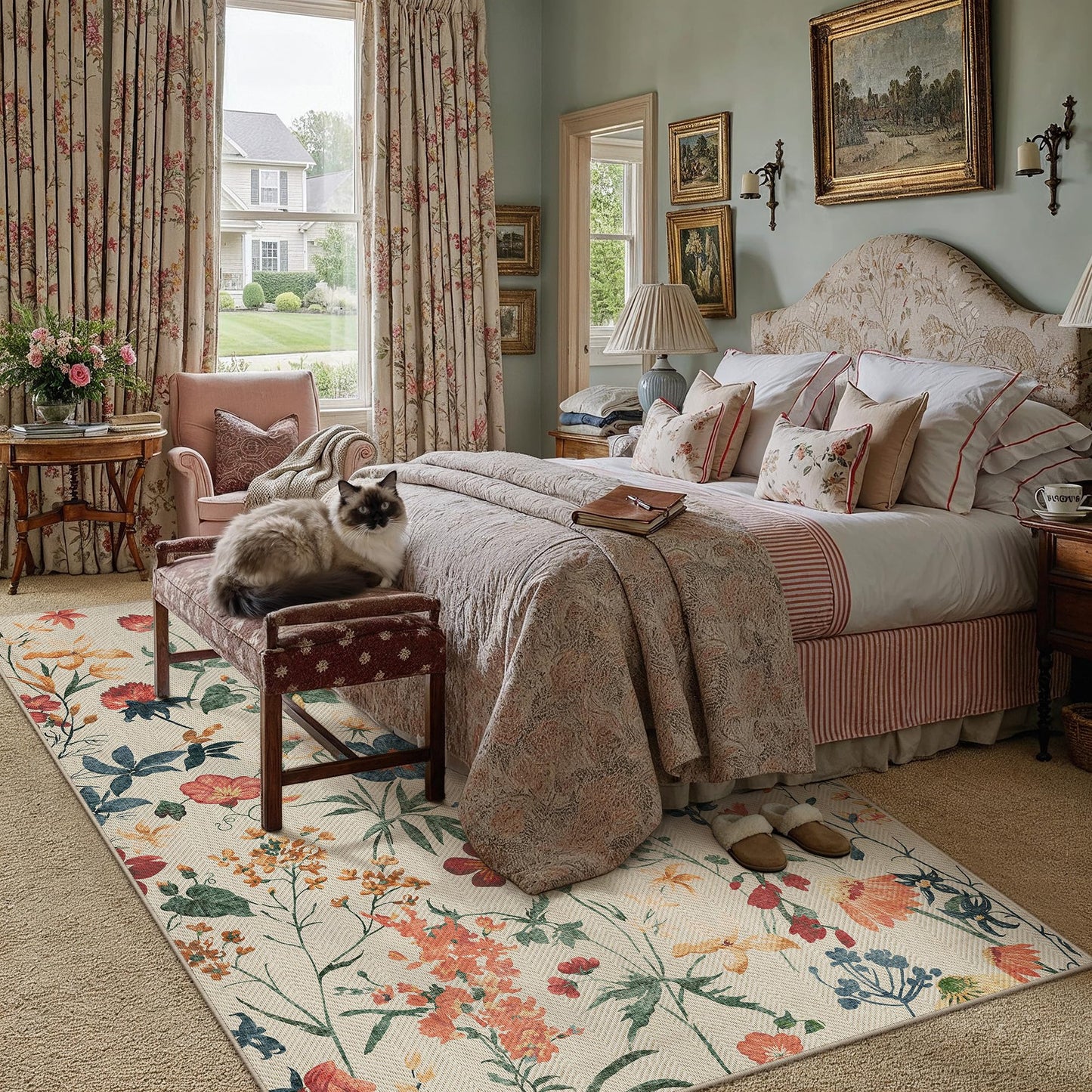 PureCozy Floral Easy Jute Rug 8x10 Living Room Bedroom Carpet Washable Large Non Slip Indoor Farmhouse Non Shedding Herringbone Rug for Dining Room Office
