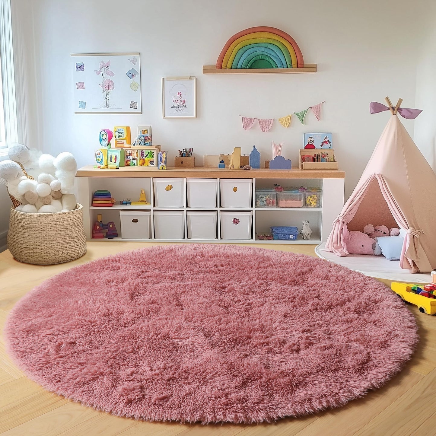 ONASAR Blush Round Rugs 6ft for Living Room Bedroom, Fluffy Circle Area Rug for Kids Girls Boys Teen, Soft Plush Shaggy Carpet for Nursery Dorm Classroom Playroom Home Decor Aesthetic