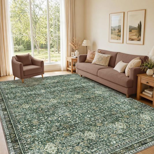 Sasttie 4x6 Area Rug, Ultra-Soft Washable Rug, Low Pile Foldable Thin Carpets with Non-Slip Backing, Skin-Friendly Stain Resistant Carpet for Living Room, Bedroom, Kitchen, Dorm, 4x6, Dark Green