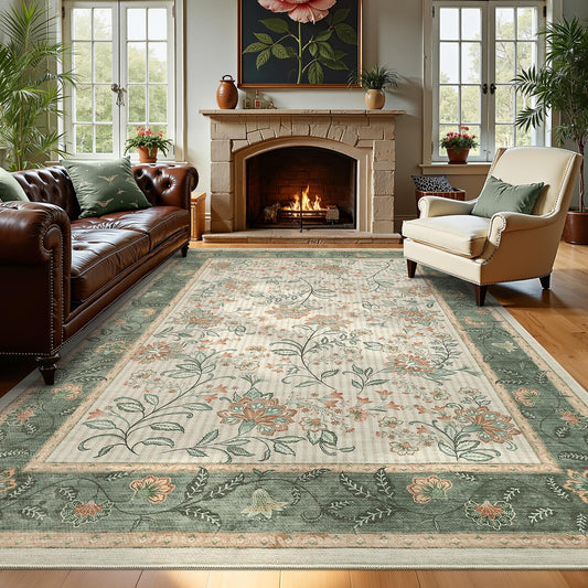 GarveeHome Area Rugs 8x10 for Living Room, Sage Green Botanical Floral Print Washable Rug Soft Non Slip Floor Mat Carpet Indoor Thin Cottage core Rug for Bedroom Dining Room Playroom Nursery Room