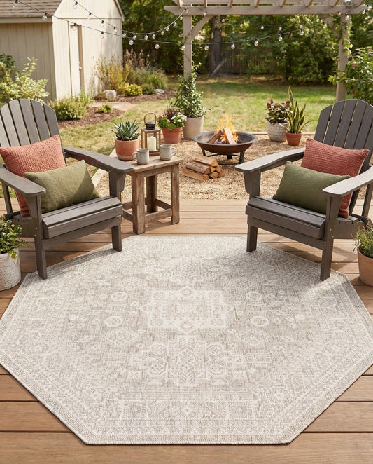 Rugs.com - Outdoor Aztec Rug – 5 Ft Octagon Light Gray Washable Indoor/Outdoor Rug – Durable Flatweave for Patio, Deck, and Porch