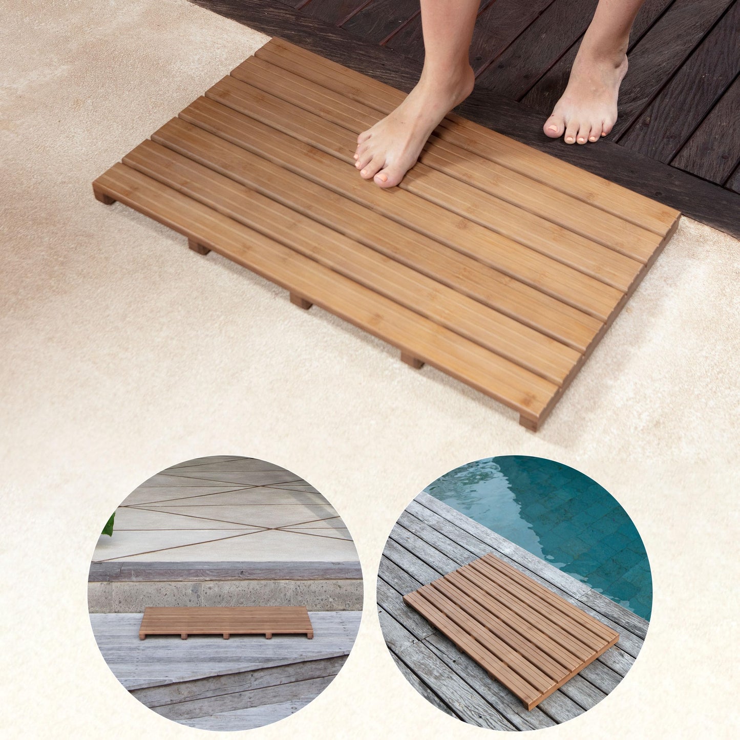 Large Walnut Bamboo Bath Mat – Non-Slip Design Sauna Floor Mat, Secure Grip Pads, Water-Resistant Coating, Durable for Indoor/Outdoor Use, Bamboo Decor