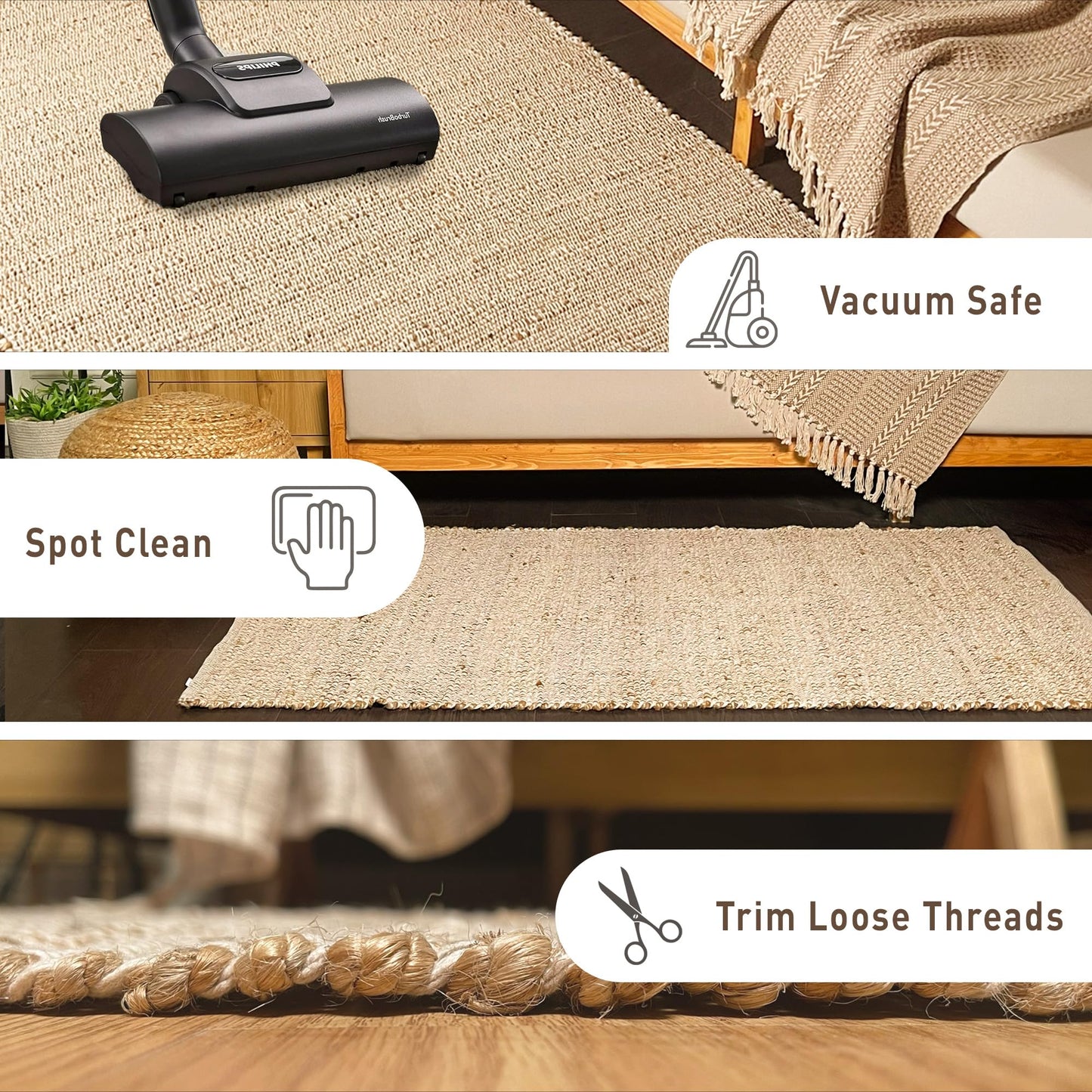 Chardin home 5x7 Jute Cotton Hand Woven Area Rug, Natural Jute Braided Boho Farmhouse Rug, Rustic Vintage Reversible Natural Fiber Rug for Living Room, Bedroom, Dining Room, Office, or Entryway.