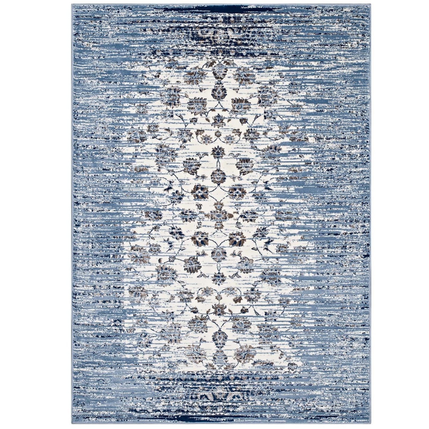 Modway Chiara Distressed Floral Lattice Contemporary 8x10 Area Rug in Moroccan Blue and Ivory